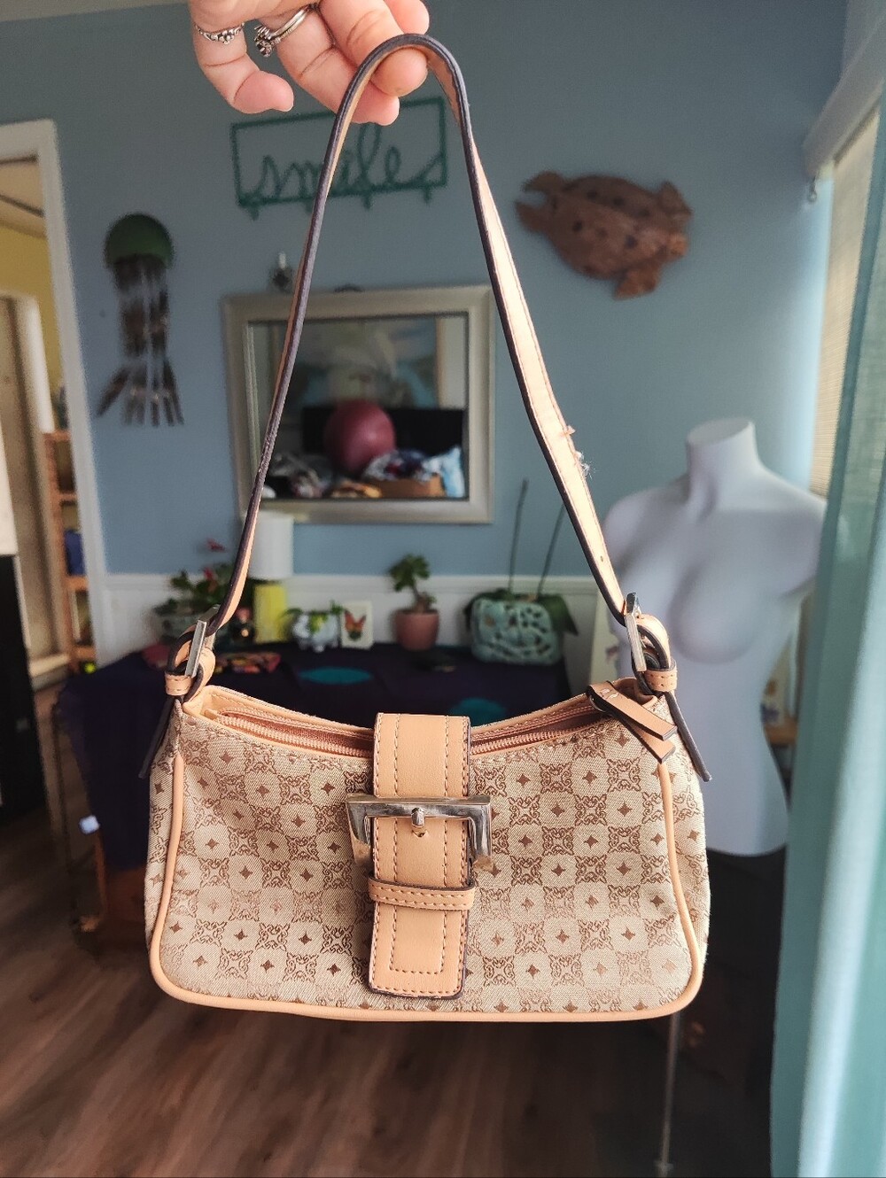 Beige Canvas Shoulder Bag with Buckle Detail